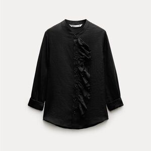 Zara Ruffled linen button down black blouse sz.XS